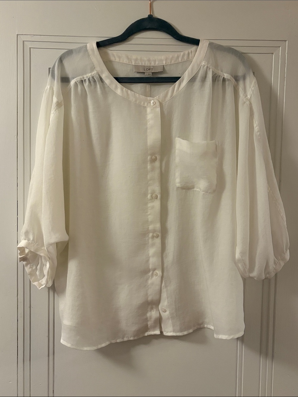 LOFT Cream Button-Front Sheer Blouse with Pocket